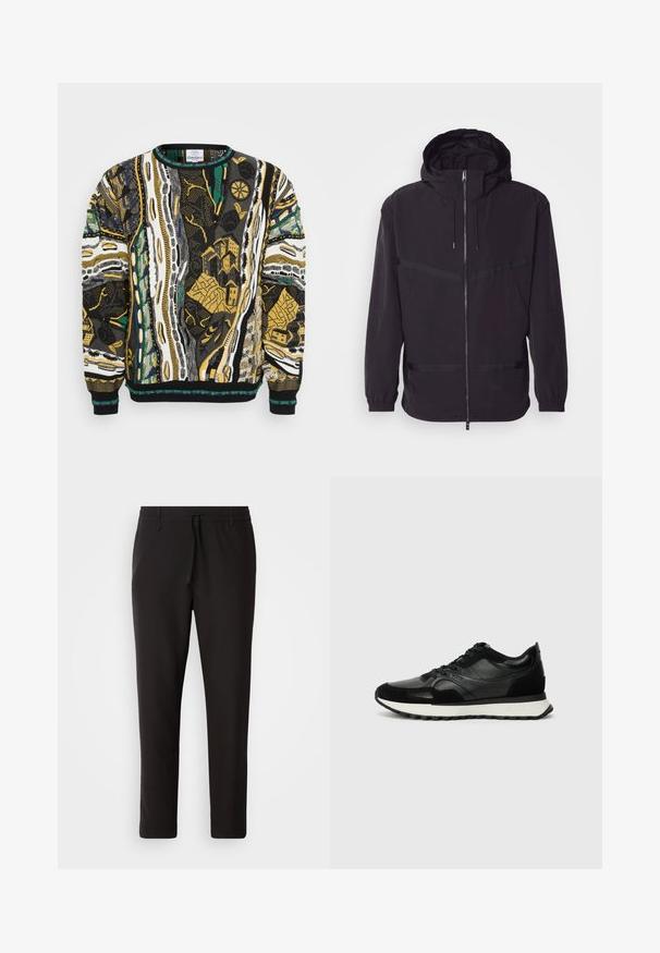 Černá kapucňová bunda vyrobená z lehkého materiálu, s předním zipem, elastickými manžetami a horizontálními pruhy.; Pletený svetr s živými abstraktními vzory v černé, bílé, žluté a zelené barvě. Kulatý výstřih a žebrované manžety dotvářejí design.; Černé teplákové kalhoty vyrobené z hladké látky. Mají elastický pas se šňůrkou, zúžené nohavice a žádné viditelné kapsy. Jednoduchý design.; Černé tenisky vyrobené z texturované kůže a semiše, s bílou mezipodrážkou a šněrovacím designem. Výrazné logo značky na boku.