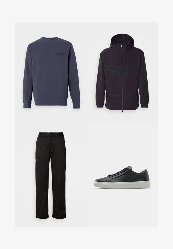Czarna kurtka z kapturem, wykonana z lekkiego materiału, z przodem na zamek, elastycznymi mankietami i poziomymi paskami.; Bluza w ciemnym granatowym kolorze, wykonana z miękkiego materiału, z okrągłym dekoltem i ściągaczami przy mankietach. Haftowane logo na lewej piersi.; Czarne spodnie wykonane z gładkiego materiału, z zamkiem błyskawicznym, zapięciem na guzik oraz podwiniętymi mankietami, co nadaje im casualowy charakter.; Czarne skórzane sneakersy o gładkiej fakturze, okrągłym nosku i czarnych sznurowadłach. Posiadają grubą, białą gumową podeszwę z subtelnymi akcentami geometrycznymi.