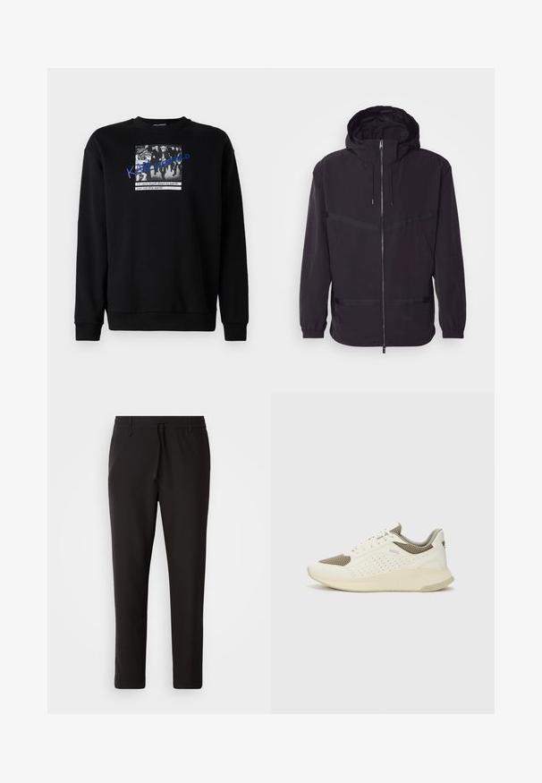 Μαύρο μπουφάν με κουκούλα, κατασκευασμένο από ελαφρύ υλικό, με μπροστινό φερμουάρ, ελαστικούς μανικιών και οριζόντιες ρίγες.; Μαύρη μπλούζα φτιαγμένη από βαμβάκι με λαιμόκοψη. Διαθέτει γραφική εκτύπωση που απεικονίζει ένα πλήθος και μπλε κείμενο, "KARL LAGERFELD" που επικαλύπτει την εικόνα.; Μαύρο παντελόνι τζόγκινγκ φτιαγμένο από λείο ύφασμα. Διαθέτει ελαστική μέση με κορδόνι, κωνικά πόδια και χωρίς ορατές τσέπες. Απλός σχεδιασμός.; Λευκό και ανοιχτό μπεζ αθλητικό παπούτσι, με επάνω μέρος από διχτυωτό υλικό, διακοσμήσεις με περφορέ και υφή στην ενδιάμεση σόλα με επωνυμία στη φτέρνα.