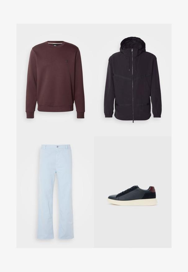 Melna kapuce s veste, izgatavota no viegla materiāla, ar priekšējo rāvējslēdzēju, elastīgām piedurknēm un horizontālām svītru akcentiem.; BOSS SHARPE - Ikdienas džemperis - open red; Gaiši zili kokvilnas bikses ar taisnu griezumu, priekšējo pogu aizdari un sānu kabatām. Gluda tekstūra un minimālas šuvju detaļas.; Zemāko vīriešu sporta apavu modelis melnā ādas un zamša apdarē ar bordo krāsas papēža cilpu un baltu gumijas zoli, skatoties no ārējās puses.