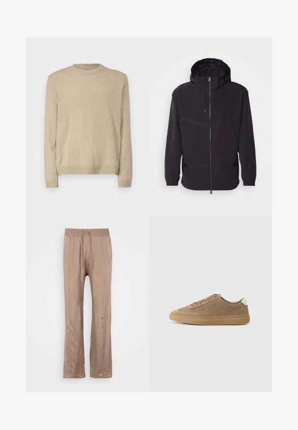 Casaco preto com capuz, feito de material leve, com fecho frontal, punhos elásticos e detalhes em listas horizontais.; Suéter de lã bege com mangas longas, gola redonda e punhos e barra canelados. Textura macia e corte clássico sem decorativos.; Calças largas, castanho-claro, feitas de um tecido suave, com um cós elástico e cordão de ajuste, apresentando duas linhas de vinco na frente.; Sapatilhas de camurça em castanho claro com sola de borracha. Apresentam um design com atacadores e um estilo minimalista, acentuado por uma aba de calcanhar branca.