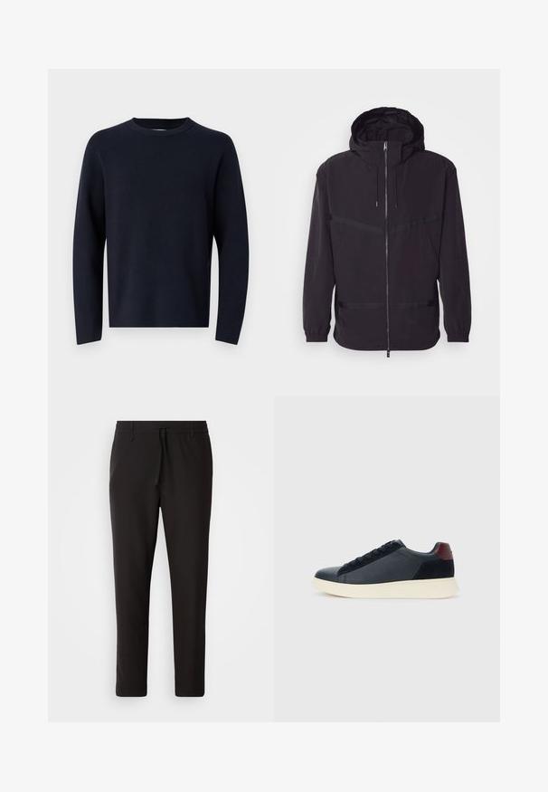 Juodas gobtuvu striukė, pagaminta iš lengvos medžiagos, su priekiu užtrauktuku, elastingomis rankovėmis ir horizontaliais juostelės akcentais.; Tamsiai mėlynas megztinis, apvalia iškirpte, ilgomis rankovėmis, pagamintas iš minkštos medžiagos su lygiu paviršiumi. Paprastas dizainas, be matomų raštų ar metalinių detalių.; Juodi džinsai, pagaminti iš lygaus audinio. Yra elastinė juosmens juosta su raišteliu, siaurėjantys džinsai, be matomų kišenių. Paprastas dizainas.; Juodos odinės ir zomšinės vyriškos žemos sportinės avalynės su bordo spalvos kulkšnių juostele ir balto kaučiuko padu vaizdas iš išorės.