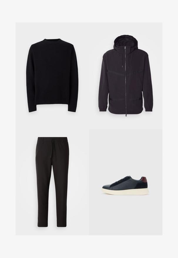 Kerge materjalist must kapuutsiga jakk, millel on ees tõmblukk, elastsed mansetid ja horisontaalsed triibud.; Must mustriga mustriga kampsun pikade varrukatega, ümmarguse ribatud kaeluse ja sirge lõikega. Sile tekstuur, ilma nähtavate mustrite või aktsentideta.; Mustad jogger-püksid, mis on valmistatud siledast kangast. Omavad elastset pihaotsikut koos paelaga, kitsenevaid jalaosi ja nähtamatuid taskuid. Lihtne disain.; Madala stiilis meeste toss mustast nahast ja seemisnahast, marooni värvi kanna detailiga ja valge kummist tallaga, vaatega välisküljelt.