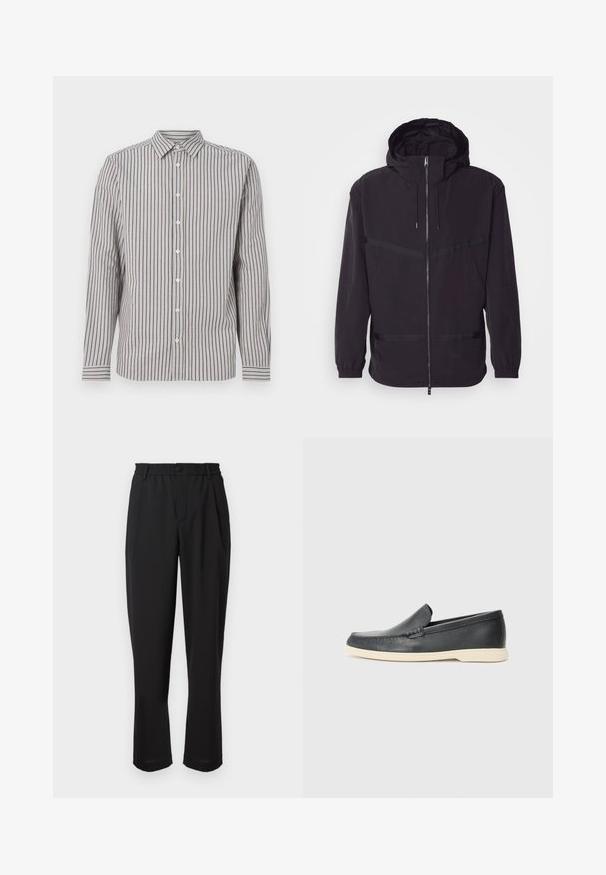 Giacca nera con cappuccio, realizzata in materiale leggero, dotata di zip frontale, polsini elasticizzati e dettagli con righe orizzontali.; Camicia a maniche lunghe da uomo in beige chiaro con strisce verticali blu navy. Presenta un colletto a punta e bottoni bianchi lungo il davanti.; Pantaloni neri con vita elasticizzata, chiusura con bottone e design a gamba dritta. Tessuto liscio, senza motivi visibili o dettagli.; Mocassini neri in pelle con finitura testurizzata e suola in gomma beige a contrasto. Presentano un accento sottile lungo la parte anteriore.