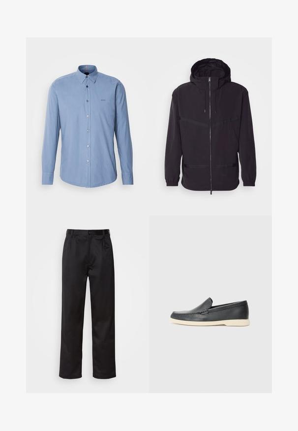 Casaco preto com capuz, feito de material leve, com fecho frontal, punhos elásticos e detalhes em listas horizontais.; Camisa de manga longa azul claro, feita de algodão suave, com colarinho abotoado, botões na frente e um logotipo subtil no peito.; Calças pretas feitas de um tecido suave, com fecho frontal por botão, pregas e pernas retas. Sem padrões ou acentos visíveis.; Mocassins pretos em couro com acabamento texturizado e sola de borracha bege em contraste. Apresenta um detalhe subtil na parte da frente.