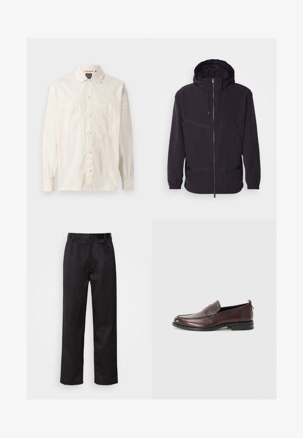 Jachetă neagră cu glugă, fabricată dintr-un material ușor, având fermoar frontal, manșete elastice și accente cu dungi orizontale.; Cămașă bej cu mânecă lungă, confecționată dintr-un material ușor, având un decolteu cu nasturi, două buzunare pe piept și un eticheta cu marcă pe mânecă.; Pantaloni negri dintr-un material neted, cu închidere prin nasture frontal, pliseuri și picioare drepte. Fără modele sau accente vizibile.; Mocasin din piele maro cu vârf rotund, detalii cusute și un accent mic roșu la călcâi. Talpă plată din cauciuc.