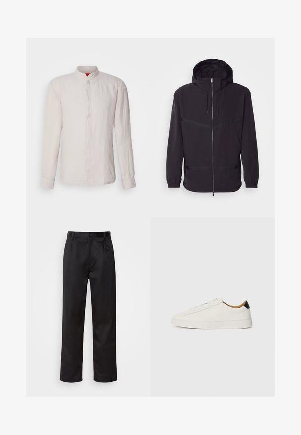 Čierna kapucňová bunda vyrobená z ľahkého materiálu, s predným zipsom, elastickými manžetami a horizontálnymi pruhmi.; HUGO ELVORY - Košeľa - light/pastel grey; Čierne nohavice vyrobené z hladkej látky, s predným zapínaním na gombík, s plisovaním a rovnými nohavicami. Žiadne viditeľné vzory ani akcenty.; Biele tenisky s hladkým koženým zvrškom, okrúhlou špičkou a plochou podrážkou. Čierny detail na päte, s tonálnym viazaním a minimálnym brandingom.