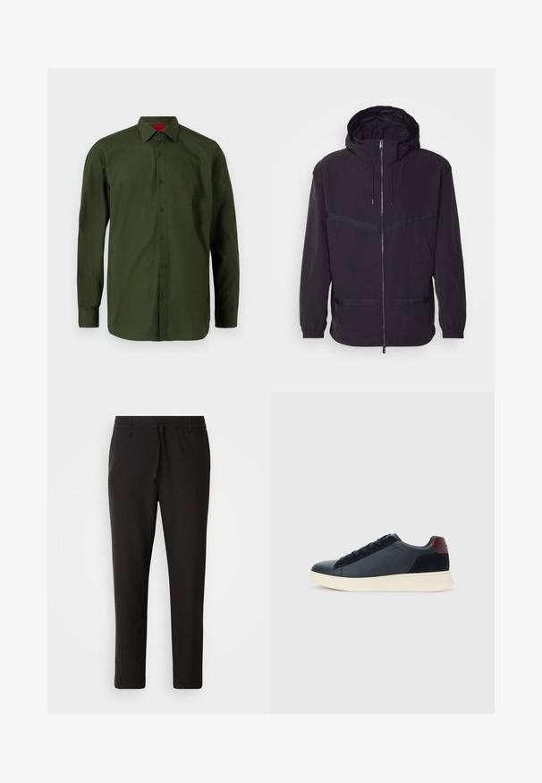 Kerge materjalist must kapuutsiga jakk, millel on ees tõmblukk, elastsed mansetid ja horisontaalsed triibud.; HUGO VALERIO - Ametlik pluus - dark green; Mustad jogger-püksid, mis on valmistatud siledast kangast. Omavad elastset pihaotsikut koos paelaga, kitsenevaid jalaosi ja nähtamatuid taskuid. Lihtne disain.; Madala stiilis meeste toss mustast nahast ja seemisnahast, marooni värvi kanna detailiga ja valge kummist tallaga, vaatega välisküljelt.