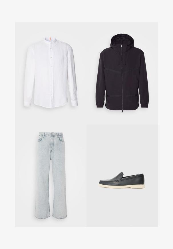 Melna kapuce s veste, izgatavota no viegla materiāla, ar priekšējo rāvējslēdzēju, elastīgām piedurknēm un horizontālām svītru akcentiem.; Balta lina krekls ar mandarina kaklu, priekšā ar pogu aizdari, garām piedurknēm un smalku struktūru. Ievērojams oranžs akcents uz kakla.; Gai zili denima platajiem džinsiem ar augstu vidukli, ar pogu aizdari, piecām kabatām un maigi izbalinātu tekstūru.; Melni ādas kurpes, kas valkājas uz slip-on principa, ar teksturētu apdari un kontrastējošu beigu gumijas zoli. Iespējama smalka apdare priekšpusē.