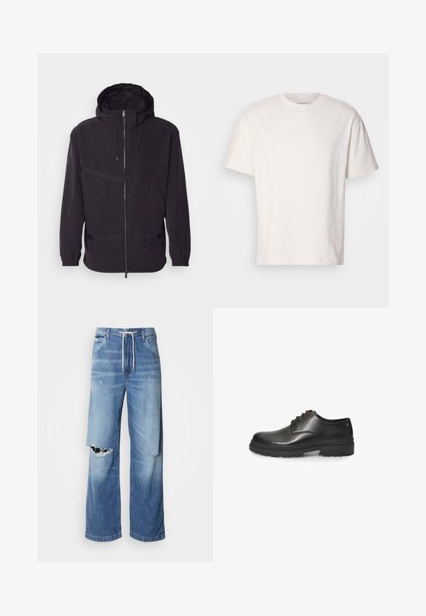 Schwarze Kapuzenjacke aus leichtem Material, mit einem Vorderreißverschluss, elastischen Bündchen und horizontalen Streifenakzenten.; Cremfarbendes Baumwoll-T-Shirt mit Rundhals. Kurzarm und lockere Passform. Verfügt über ein kleines Logo am Hals. Glatte Textur.; Helle blaue Denim-Jeans mit einer lockeren Passform, ausgestattet mit einem weißen Kordelzugbund und markanten Rissen auf der Vorderseite, die ausgefranste Kanten zeigen.; Bata Schnürer - Black