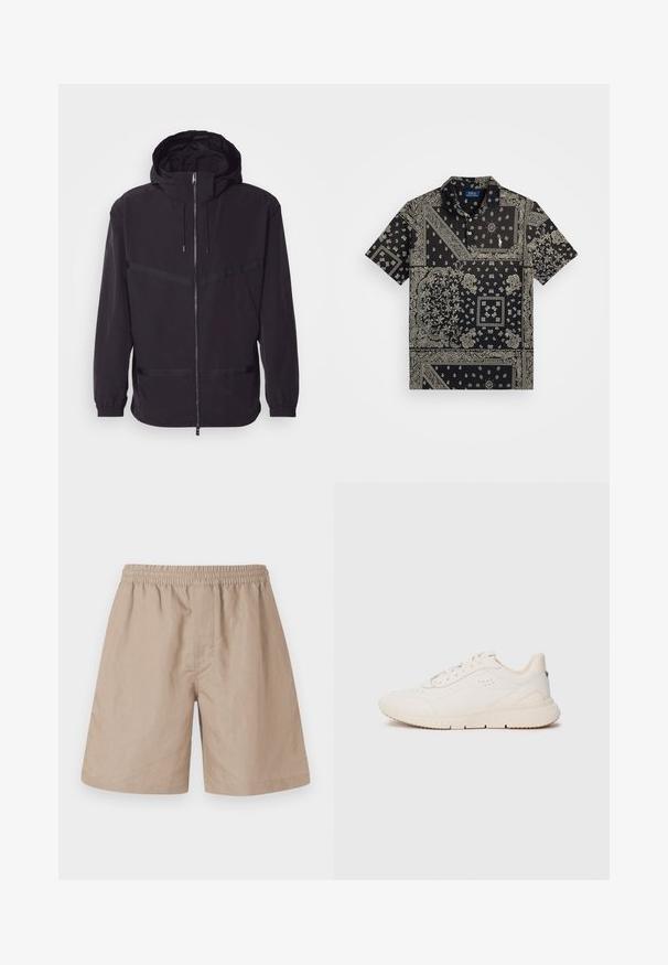 Veste à capuche noire en matériau léger, dotée d'une fermeture éclair à l'avant, de poignets élastiques et d'accents à rayures horizontales.; Chemise noire à manches courtes dotée d'un motif bandana avec des motifs blancs intriqués et un petit logo brodé sur la poitrine. Design de col classique.; Shorts en lin beige avec une taille élastique, présentant une coupe décontractée, des poches latérales et une texture lisse. Pas de motifs ou d'accents visibles.; Baskets blanches en matériau texturé, avec une semelle lisse, un système de laçage à l'avant et une discrète marque au talon. Design minimaliste.