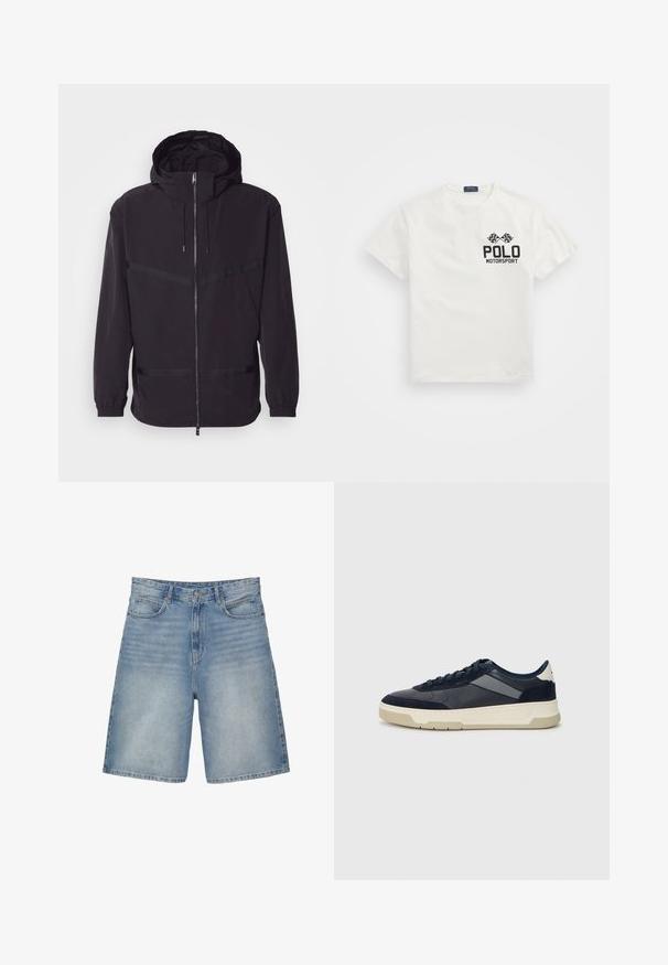 Črna kapuca jakna iz lahkega materiala, z sprednjim zadrgo, elastičnimi manšetami in horizontalnimi črtami.; Bela bombažna majica s krožnim vratom, na kateri je črn logotip "Polo Motorsport" in križani šahovnicasti zastavi na levem prsnem delu.; Svetlo modri denim kratki hlače s ravno zasnovo imajo pet žepov, zadrgo in rahlo zbledel videz.; BOSS BALTIMORE - Športni copati - open blue