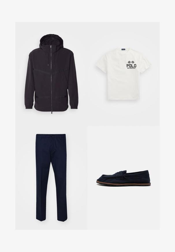 Crna kapuljača jakna od laganog materijala, s prednjim zatvaračem, elastičnim manžetama i horizontalnim trakastim detaljima.; Bijela pamučna majica s okruglim izrezom, sa crnim logom "Polo Motorsport" i unakrsnim kockastim zastavicama na lijevoj strani prsnog dijela.; Mornarske plave hlače od glatke tkanine, s ravnim nogavicama, zatvaranjem na dugme i prednjim džepovima.; Mornarski platneni čamac s ravnim đonom, s prošivenim remenom preko sredine stopala, i smeškim gumenim naglascima na đonu za bolje prianjanje.