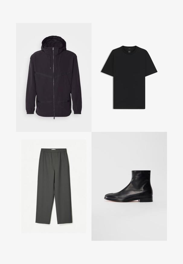 Musta huppari kevytmateriaali, jossa etuvetoketju, joustavat hihansuut ja vaakasuorat raidat.; Musta lyhythiha T-paita, joka on valmistettu sileästä puuvillasekoitteesta. Paita on varustettu pyöreällä pääntiehen ja siinä on minimaalinen muotoilu ilman kuvioita tai yksityiskohtia.; Tummanharmaat, korkeavyötäröiset leveälahkeiset housut, jotka on valmistettu kevyestä kankaasta. Joustava vyötärö, ei näkyviä kuvioita ja sivutaskut.; Musta sileä nahkasaapas nilkkamittaisella matalalla korolla ja pyöreällä varvalla, esitetty sivulta valkoista taustaa vasten.