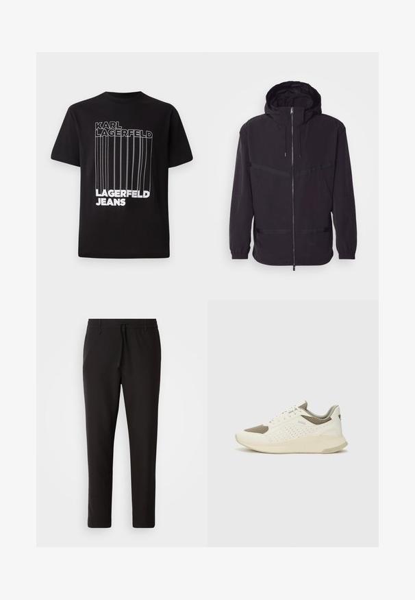 Casaco preto com capuz, feito de material leve, com fecho frontal, punhos elásticos e detalhes em listas horizontais.; T-shirt preta de algodão com texto em bloco branco "KARL LAGERFELD" e "LAGERFELD JEANS" com detalhe de linha vertical; gola redonda standard.; Calças de jogging pretas feitas de tecido liso. Apresentam uma cintura elástica com cordão, pernas ligeiramente ajustadas e sem bolsos visíveis. Design simples.; Sapatilha atlética branca e bege claro, com parte superior em malha, detalhes perfurados e uma entressola texturizada com marcação no calcanhar.