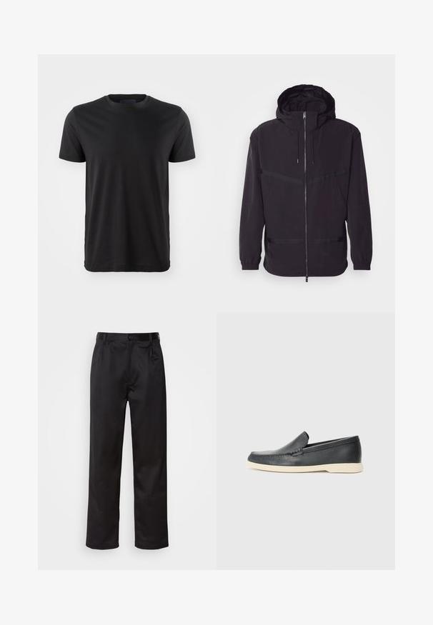 Melna kapuce s veste, izgatavota no viegla materiāla, ar priekšējo rāvējslēdzēju, elastīgām piedurknēm un horizontālām svītru akcentiem.; Melnā īsām piedurknēm T-kreklā ar apaļu apkakli. Izgatavots no mīkstas auduma, ar klasisku piegriezumu un vienkāršu dizainu bez rakstiem vai grafikām.; Melnas bikses, kas izgatavotas no gludas auduma, ar priekšējo pogu aizdari, krokām un taisnām kājām. Nav redzamu rakstu vai akcentu.; Melni ādas kurpes, kas valkājas uz slip-on principa, ar teksturētu apdari un kontrastējošu beigu gumijas zoli. Iespējama smalka apdare priekšpusē.