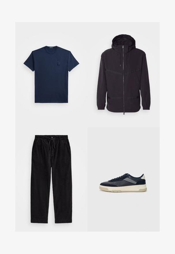 Casaco preto com capuz, feito de material leve, com fecho frontal, punhos elásticos e detalhes em listas horizontais.; T-shirt de algodão azul marinho com mangas curtas, gola redonda e um logótipo bordado discreto no peito esquerdo. Textura suave, design básico.; Calças de veludo cotelê pretas com um ajuste relaxado, apresentando uma cintura elástica com cordão e bolsos laterais. O tecido apresenta uma textura canalizada.; BOSS BALTIMORE - Sapatilhas - open blue