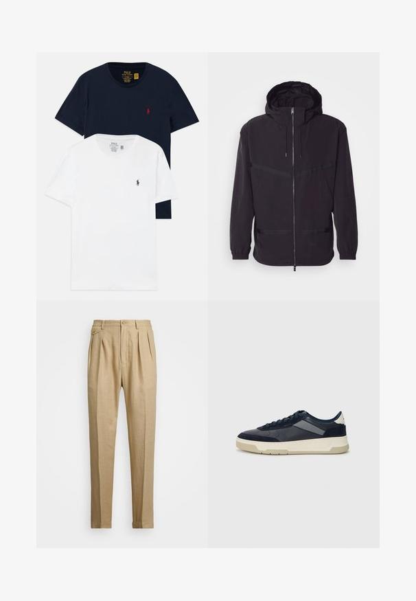 Juodas gobtuvu striukė, pagaminta iš lengvos medžiagos, su priekiu užtrauktuku, elastingomis rankovėmis ir horizontaliais juostelės akcentais.; Du suknelės su apvalia iškirpte iš Polo Ralph Lauren, viena tamsiai mėlyna su raudonu logotipu, o kita balta su tamsiu logotipu, išdėstytos ant baltos fono.; Bežinės lininės kelnės tiesaus kirpimo, turinčios dvi priekinės klostes, sagų užsegimą ir šonines kišenes. Tekstūruotas audinys su lygiu paviršiumi.; BOSS BALTIMORE - Sportbačiai - open blue