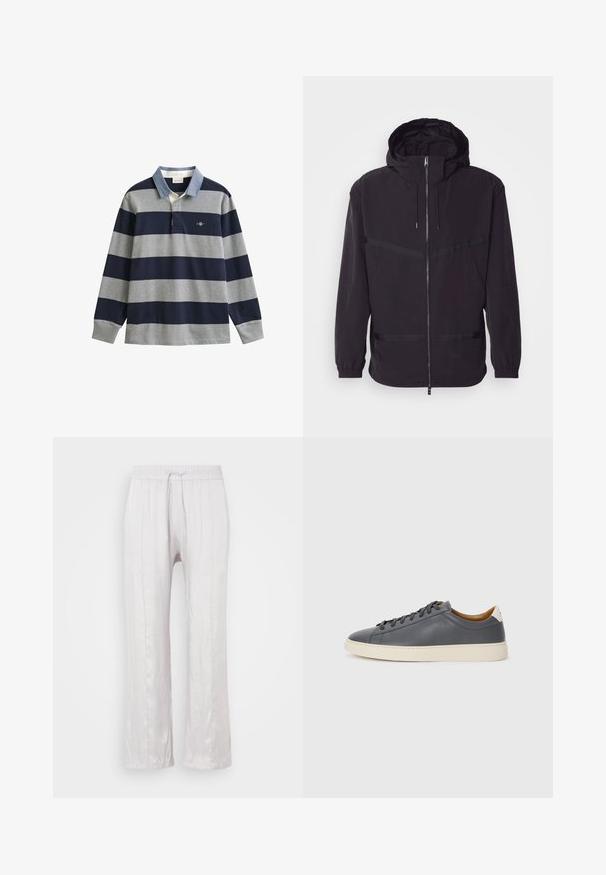 Jachetă neagră cu glugă, fabricată dintr-un material ușor, având fermoar frontal, manșete elastice și accente cu dungi orizontale.; Tricou polo cu mâneci lungi, cu dungi bleumarin și gri, guler bleu deschis și un logo pe piept. Material bumbac cu textură moale.; Pantaloni gri deschis, cu croială lejeră, dintr-un material neted, cu talie elastică și șnur. Picioare drepte cu pliseuri subtile, fără modele vizibile.; Adidași din piele gri, cu vârf rotund, talpă din cauciuc, șireturi plate și accente de culoare deschisă pe călcâi. Textură netedă și design minimalist.