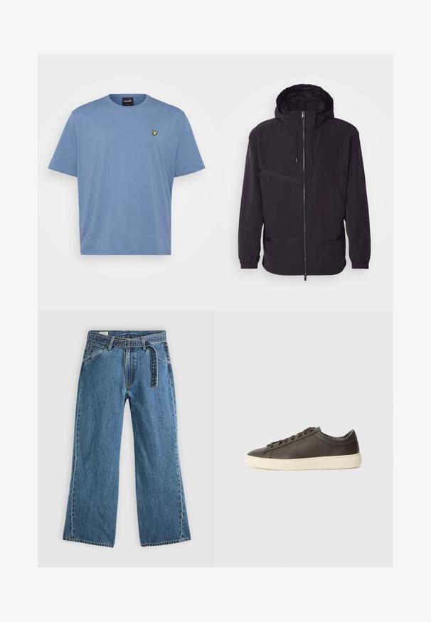 Čierna kapucňová bunda vyrobená z ľahkého materiálu, s predným zipsom, elastickými manžetami a horizontálnymi pruhmi.; Svetlo modré bavlnené tričko s klasickým okrúhlym výstrihom. Na ľavej hrudi je malé vyšívané žlté logo. Krátke rukávy, voľný strih.; Modré džíny širokého strihu s pripevneným opaskom, prednými vreckami a viditeľným stehom na jednoduchom svetlom pozadí.; Tmavohnedé kožené tenisky s textúrovaným povrchom, bielou gumovou podrážkou a plochými šnúrkami. Minimalistický dizajn bez viditeľných log.