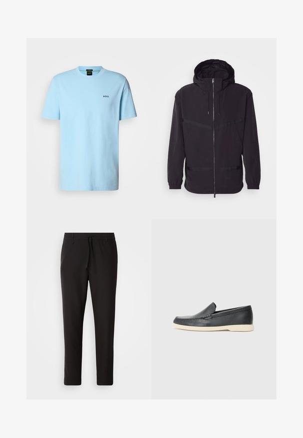 Juodas gobtuvu striukė, pagaminta iš lengvos medžiagos, su priekiu užtrauktuku, elastingomis rankovėmis ir horizontaliais juostelės akcentais.; Šviesiai mėlynas trumpomis rankovėmis marškinėliai, pagaminti iš medvilnės. Turi apvalią iškirptę ir mažą juodą "BOSS" logotipą krūtinėje. Paprastas dizainas.; Juodi džinsai, pagaminti iš lygaus audinio. Yra elastinė juosmens juosta su raišteliu, siaurėjantys džinsai, be matomų kišenių. Paprastas dizainas.; Juodi odiniai batus be raištelių, turintys tekstūruotą paviršių ir kontrastingą smėlio spalvos gumos padai. Yra subtilus akcentas priekyje.