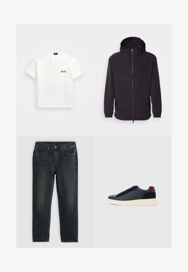 Crna kapuljača jakna od laganog materijala, s prednjim zatvaračem, elastičnim manžetama i horizontalnim trakastim detaljima.; Bijela pamučna majica kratkih rukava s lijevim džepom i plavim vezenim tekstom "Polo R.L.". Standardni okrugli izrez.; Tamno plavi traperice s ravnim krojem, koje imaju pet džepova, rajsferšlus i kontrastne šavove. Diskretno izbljeđivanje na tkanini.; Niske muške tenisice od crne kože i antilopa s bordo petnom oznakom i bijelim gumenim potplatom, prikazane s vanjske strane.