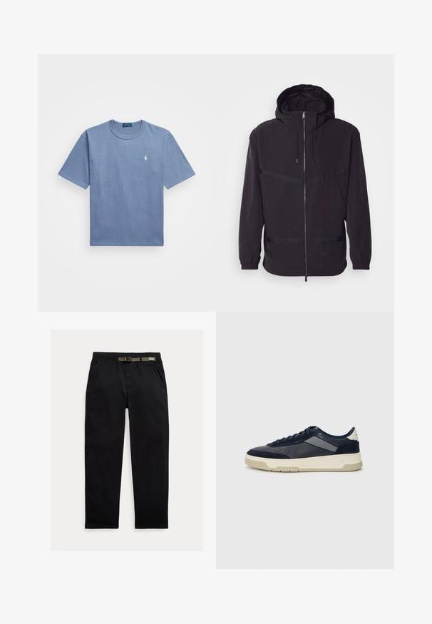 Casaco preto com capuz, feito de material leve, com fecho frontal, punhos elásticos e detalhes em listas horizontais.; T-shirt de algodão azul com mangas curtas, gola redonda e um logo bordado branco no lado esquerdo do peito. Textura suave, design casual.; Calças pretas feitas de um tecido leve, com uma cintura elástica com um cinto verde integrado, corte reto e bolsos laterais.; BOSS BALTIMORE - Sapatilhas - open blue