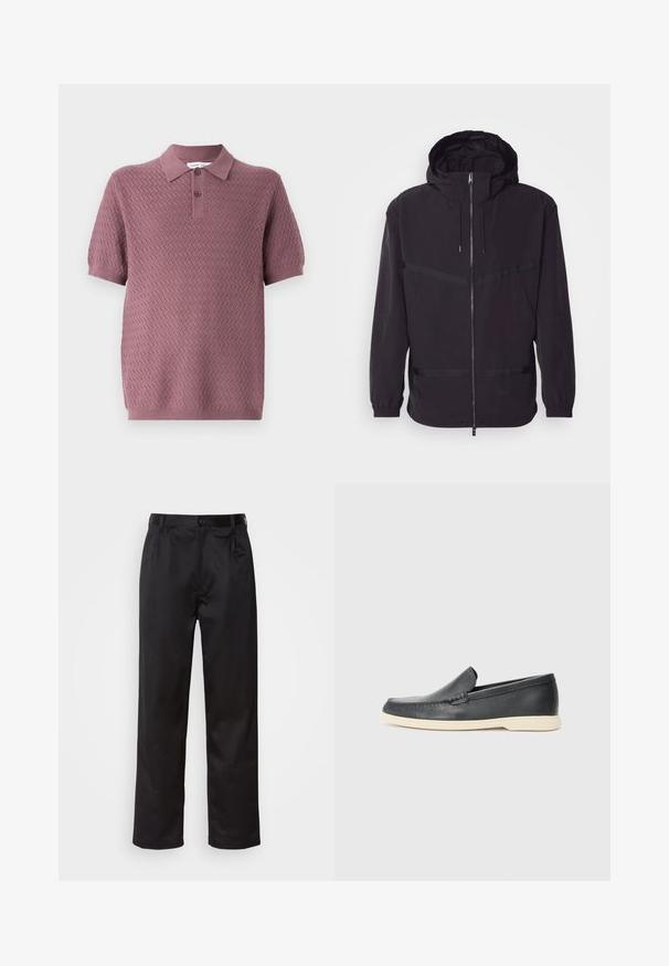 Jachetă neagră cu glugă, fabricată dintr-un material ușor, având fermoar frontal, manșete elastice și accente cu dungi orizontale.; Polo din mauve cu mânecă scurtă, cu un model texturat în zigzag, guler ascuțit și două butoane pe clapetă. Material moale din tricot.; Pantaloni negri dintr-un material neted, cu închidere prin nasture frontal, pliseuri și picioare drepte. Fără modele sau accente vizibile.; Pantofi loafers din piele neagră, cu un finisaj texturat și o talpă din cauciuc bej contrastantă. Au un accent subtil pe partea din față.