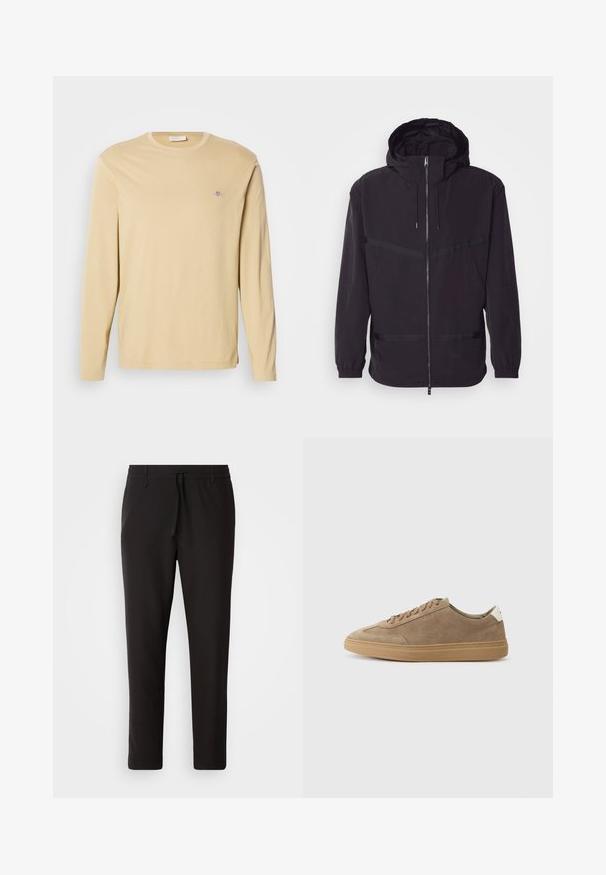 Černá kapucňová bunda vyrobená z lehkého materiálu, s předním zipem, elastickými manžetami a horizontálními pruhy.; Beige tričeko s dlouhým rukávem a kulatým výstřihem, se malým vyšitým logem v horní části levého hrudníku, zobrazené na bílém pozadí.; Černé teplákové kalhoty vyrobené z hladké látky. Mají elastický pas se šňůrkou, zúžené nohavice a žádné viditelné kapsy. Jednoduchý design.; Semišové tenisky ve světle hnědé barvě s gumovou podrážkou. Mají šněrovací design a minimalistický styl, který umocňuje bílá patka.