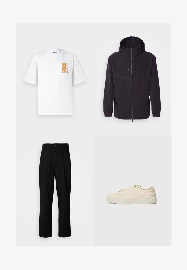 Crna kapuljača jakna od laganog materijala, s prednjim zatvaračem, elastičnim manžetama i horizontalnim trakastim detaljima.; Bijela pamučna majica s okruglim izrezom, kratkim rukavima i pravokutnim narančastim grafikom koja sadrži "HUGO" na lijevoj strani prsnog područja.; Crne hlače ravnog kroja s pojasom na dugmad, špicevima za remen i prednjim pregibom, prikazane na čisto bijeloj pozadini.; Bež kožne tenisice s okruglim vrhom, minimalistički dizajn, suptilni šavovi i teksturirana gornja strana, na svijetloj potplati.