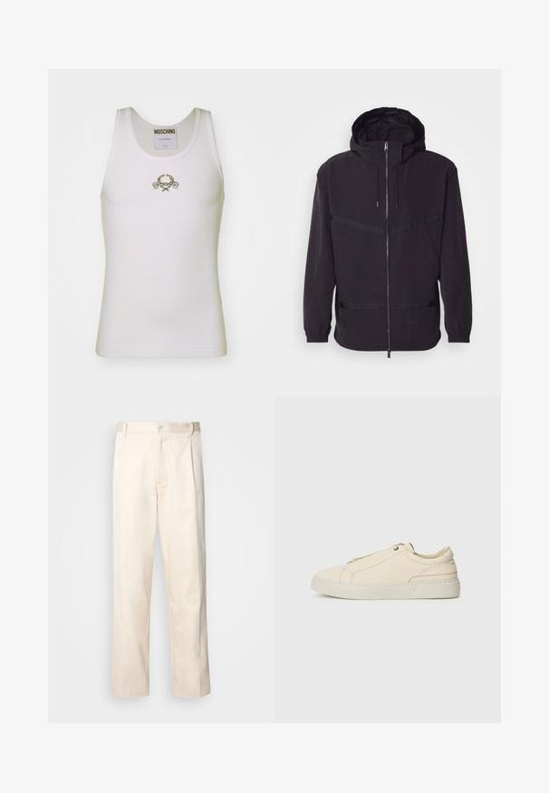 Fekete kapucnis dzseki könnyű anyagból, elülső cipzárral, elasztikus mandzsettákkal és vízszintes csíkozással.; Fehér bordázott ujjatlan felső, arany hímzett logóval díszítve, díszítő elemekkel, kerek nyakkivágással.; Beige pamut nadrág egyenes szárú kivágással, gombos záródással és elülső redőkkel a részletek fokozása érdekében.; Beige bőr sneaker, lekerekített orral, minimalista dizájnal, finom varrási részletekkel és texturált felsőrésszel, világos talpon.