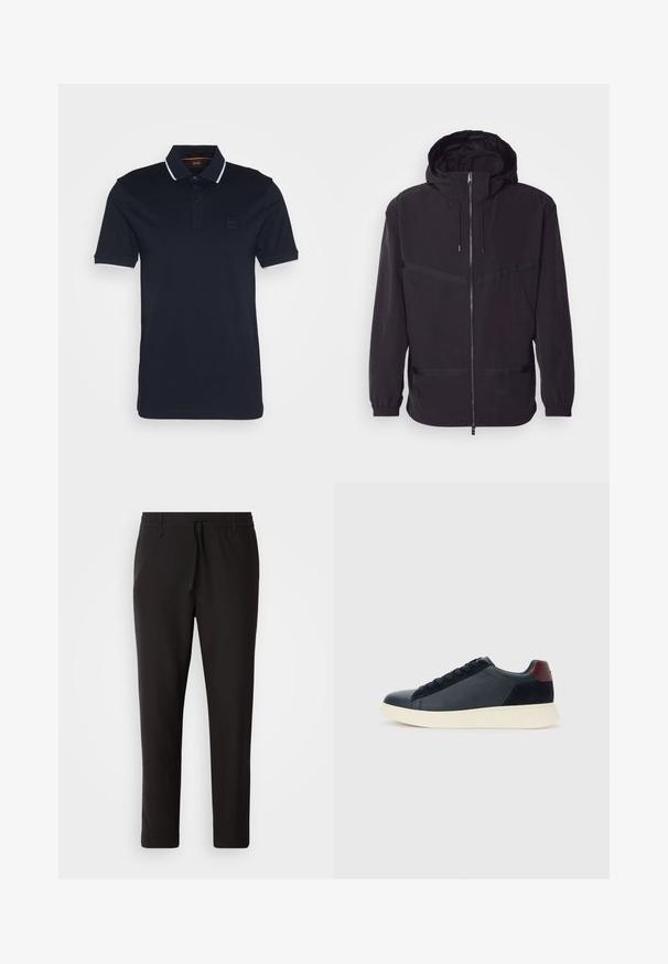 Črna kapuca jakna iz lahkega materiala, z sprednjim zadrgo, elastičnimi manšetami in horizontalnimi črtami.; Mornarska polo majica s klasičnim ovratnikom, zapenjanjem na dva gumba, belimi detajli na rokavih in teksturiranim logotipom na levem prsnem delu.; Črne jogger hlače iz gladkega blaga. Imajo elastičen pas z vrvico, zožane hlačnice in brez vidnih žepov. Enostaven dizajn.; Nizke moške tenisice iz črnega usnja in semiša z vijoličnim petnim delom in belim gumijastim podplatom, prikazane s sprednje strani.
