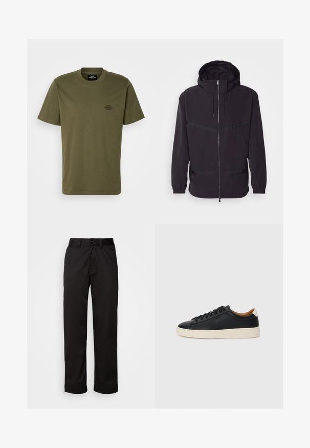 Czarna kurtka z kapturem, wykonana z lekkiego materiału, z przodem na zamek, elastycznymi mankietami i poziomymi paskami.; Oliwkowa koszulka z krótkim rękawem wykonana z bawełny, z okrągłym dekoltem i małym haftowanym logo na lewej piersi. Gładka faktura.; Czarne spodnie wykonane z gładkiego materiału, z zamkiem błyskawicznym, zapięciem na guzik oraz podwiniętymi mankietami, co nadaje im casualowy charakter.; Czarne skórzane trampki o gładkiej fakturze, jasnobrązowa gumowa podeszwa, sznurowana konstrukcja i kontrastujący akcent na pięcie.