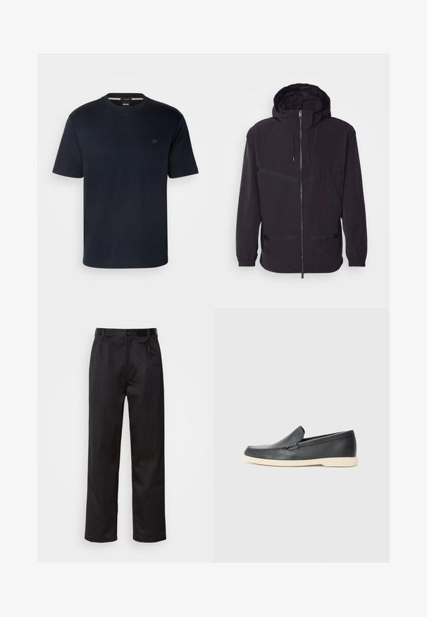Jachetă neagră cu glugă, fabricată dintr-un material ușor, având fermoar frontal, manșete elastice și accente cu dungi orizontale.; Tricou cu mânecă scurtă de culoare albastru marin, din bumbac moale, cu guler rotund și un logo mic pe partea stângă a pieptului. Textură netedă, design casual.; Pantaloni negri dintr-un material neted, cu închidere prin nasture frontal, pliseuri și picioare drepte. Fără modele sau accente vizibile.; Pantofi loafers din piele neagră, cu un finisaj texturat și o talpă din cauciuc bej contrastantă. Au un accent subtil pe partea din față.