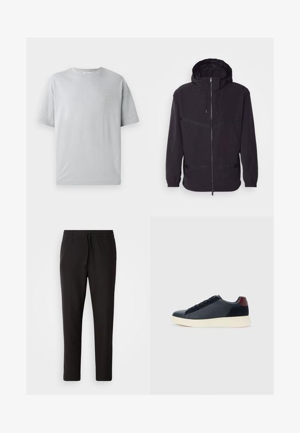 Black hooded jacket made of lightweight material, featuring a front zip, elastic cuffs, and horizontal stripe accents.; Gray cotton t-shirt with a relaxed fit, short sleeves, and a small yellow text detail on the front. Soft texture and classic crew neckline.; Black jogger pants made of smooth fabric. Feature an elastic waistband with a drawstring, tapered legs, and no visible pockets. Simple design.; Low-top men's sneaker in black leather and suede with maroon heel tab and white rubber sole, viewed from the outer side.