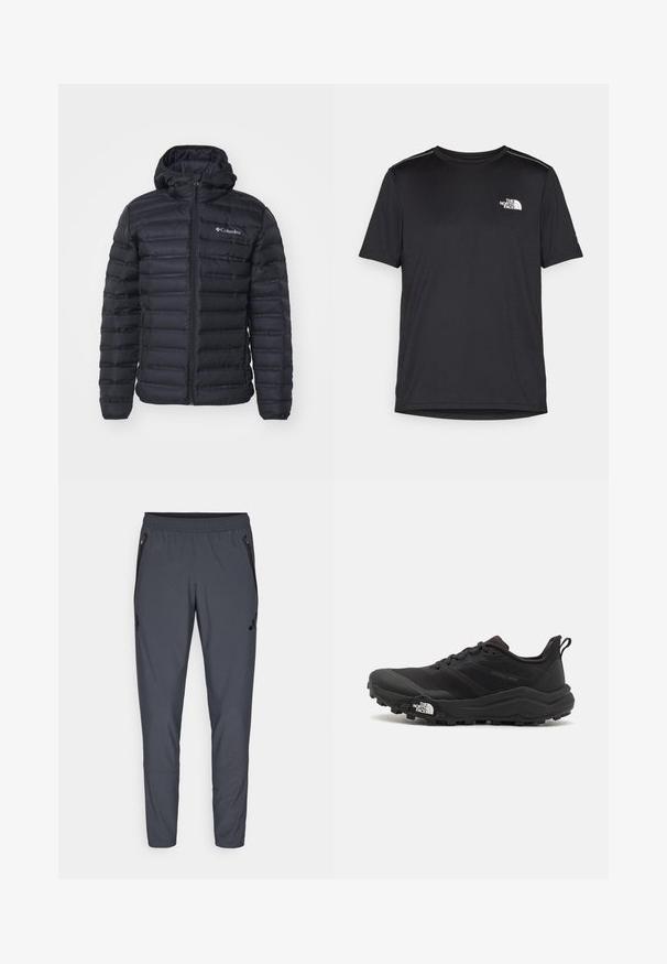 Jachetă puffer neagră cu fermoar pe față și glugă. Design matlasat, textură netedă și logo Columbia pe partea stângă a pieptului.; Tricou negru cu mânecă scurtă, realizat dintr-un material ușor. Prezintă un mic logo alb pe pieptul stâng și accente subtile pe umeri.; Pantaloni atletici gri cu un brâu elastic, buzunare laterale cu fermoar și detaliu cu logo pe coapsa stângă. Realizați dintr-un material ușor.; Pantofii de alergare pe teren accidentat, de culoare neagră, cu un superior texturat, talpă din cauciuc și vârf întărit. Prezintă un guler căptușit și o bandă de prindere pentru îmbrăcare ușoară.