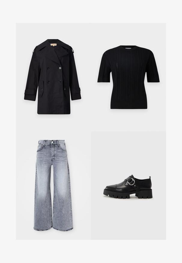 Cămașă neagră, cu dublu rând de nasturi, trenci cu guler larg, nasturi și buzunare laterale. Fabricată dintr-un material neted, cu o croială dreaptă și mâneci cu mansete.; Filippa K BRAID - Pulover - black; Jeans largi de culoare gri deschis, confecționați din denim, având talie înaltă, închidere cu nasture și o ușoară decolorare, cu tiv brut la picioare.; Pantofi din piele neagră cu o talpă groasă, nervurată, având un accent circular din metalargintiu și un detaliu minim de cusătură.