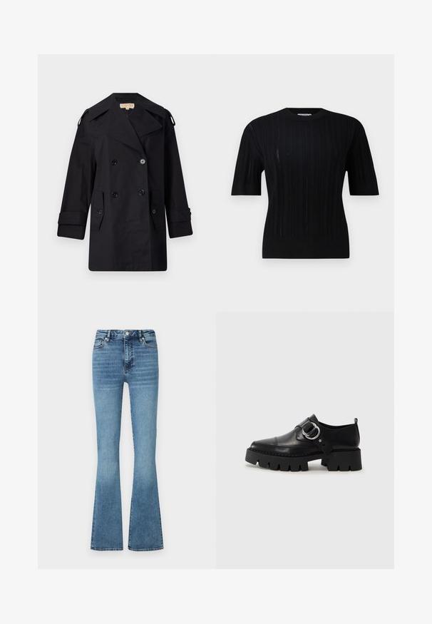 Cămașă neagră, cu dublu rând de nasturi, trenci cu guler larg, nasturi și buzunare laterale. Fabricată dintr-un material neted, cu o croială dreaptă și mâneci cu mansete.; Filippa K BRAID - Pulover - black; Jeans din denim evazați de culoare albastru deschis; au talie înaltă, cusături decorate și o ușoară decolorare în partea de jos a picioarelor.; Pantofi din piele neagră cu o talpă groasă, nervurată, având un accent circular din metalargintiu și un detaliu minim de cusătură.