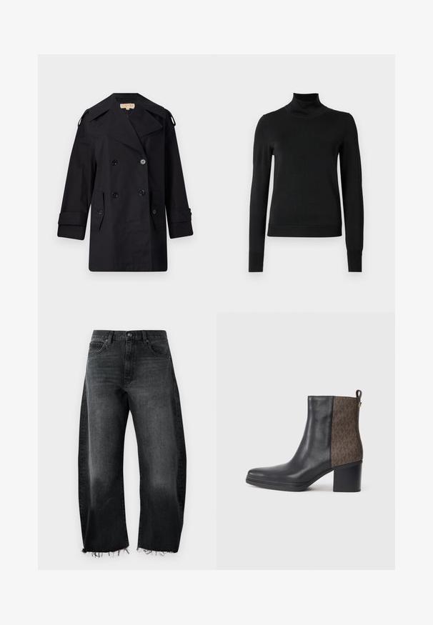 Cămașă neagră, cu dublu rând de nasturi, trenci cu guler larg, nasturi și buzunare laterale. Fabricată dintr-un material neted, cu o croială dreaptă și mâneci cu mansete.; Pulover negru cu mânecă lungă și guler tip colier, cu manșete și tiv cu elastic, expus pe un fundal alb simplu.; Blugi din denim negru cu un design cu picioare largi, tiv destrămat, cinci buzunare și ușoară decolorare; realizați dintr-un material de bumbac rezistent.; Botine negre din piele, cu un model texturat de culoare maronie pe lateral, cu toc pătrat și o bucată de tab pentru a fi ușor de purtat.