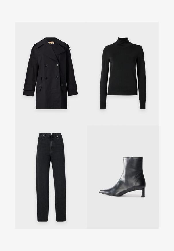 Sort dobbeltradet trenchcoat med bred krave, knapper og sidetaske. Lavet af et glat stof med lige snit og manchetter.; Sort langærmet turtleneck sweater med ribbede manchetter og kant, vist på en simpel hvid baggrund.; Sorte, slim-fit jeans lavet af denim. Har en høj talje, metalknaplukning, fem lommer og subtile stikninger.; Sort læder ankelstøvle med spids tå og et strømlinet design. Har en lav hæl og en lynlås lukning bagpå. Glat tekstur.