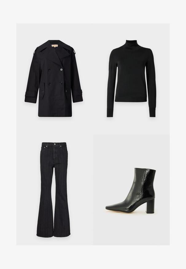 Black double-breasted trench coat with a wide collar, buttons, and side pockets. Made from a smooth fabric with a straight cut and cuffed sleeves.; Black long-sleeve turtleneck sweater with ribbed cuffs and hem, displayed on a plain white background.; Black denim flared jeans featuring vertical white stripes, five-pocket design, high waist, and metal button closure.; Black ankle boot made of glossy leather with a pointed toe and a chunky, square heel. Features a smooth texture and minimalistic design.
