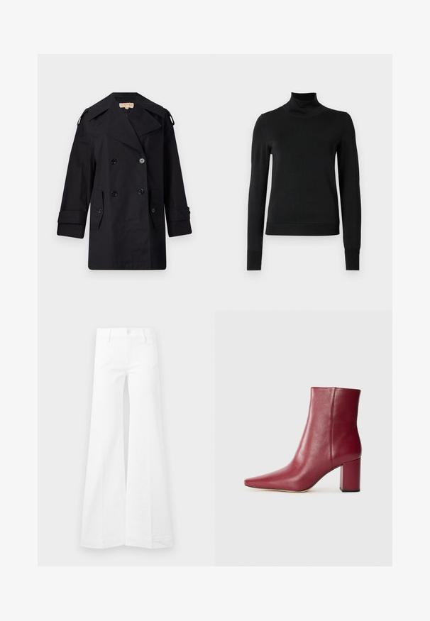 Črn dvojnikičasti plašč s širokim ovratnikom, gumbi in stranskimi žepi. Narejen iz gladkega materiala, z ravnim krojem in manšetami.; Črni pulover s dolgimi rokavi in vratnikom, z rebrastimi манжетами in robom, prikazan na enobarvni beli podlagi.; Bele hlače s širokimi nogami in visokim pasom v barvi bele, z žepi v obliki srčkov spredaj, zapiranjem na gumb in zankami za pas, prikazane na enostavni ozadju.; Burgundska usnjena gležnjarja z ostrim nosom, blok peto in gladko teksturo, z brezhibnim dizajnom brez vidnih kovinskih delov.