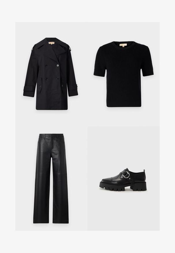 Sort dobbeltradet trenchcoat med bred krave, knapper og sidetaske. Lavet af et glat stof med lige snit og manchetter.; Sort strikket sweater med korte ærmer og rund hals. Har en ribbet tekstur og en lige kant. Mærke på den indvendige krave.; Bredde ben sorte læderbukser med en glat tekstur, der har frontlommer, knaplukning og subtile syninger.; Sorte lædersko med en kraftig, rillede sål, der har en cirkulær sølvhardware accent og minimal syningsdetalje.