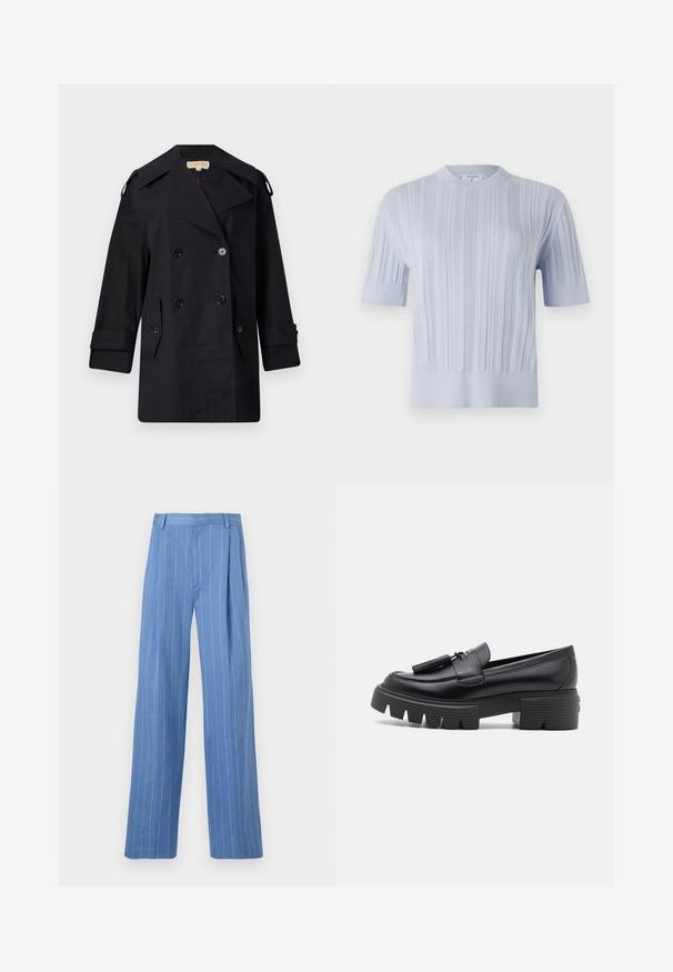 Cappotto trench nero doppiopetto con ampio colletto, bottoni e tasche laterali. Realizzato in un tessuto liscio con taglio dritto e maniche a sbuffo.; Top a maniche corte in maglia blu chiaro con texture a righe verticali e scollatura rotonda. Il tessuto presenta dettagli sottili con orlo aderente.; Pantaloni a gamba larga blu chiaro con strisce bianche verticali. Realizzati in materiale morbido, presentano una piega frontale e un design della vita pulito.; Stuart Weitzman NOLITA TASSEL LOAFER - Scarpe con plateau - black