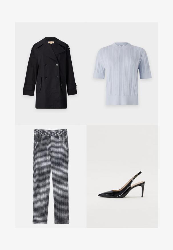 Black double-breasted trench coat with a wide collar, buttons, and side pockets. Made from a smooth fabric with a straight cut and cuffed sleeves.; Light blue short-sleeved knit top featuring vertical ribbed texture and a crew neckline. The fabric shows subtle detailing with a fitted hem.; Trousers in a houndstooth pattern, featuring a blend of black, white, and gray. Designed with a fitted silhouette and front pockets.; Black patent leather slingback pump with pointed toe, slim heel, and a subtle cutout design. Features a gold buckle on the strap.