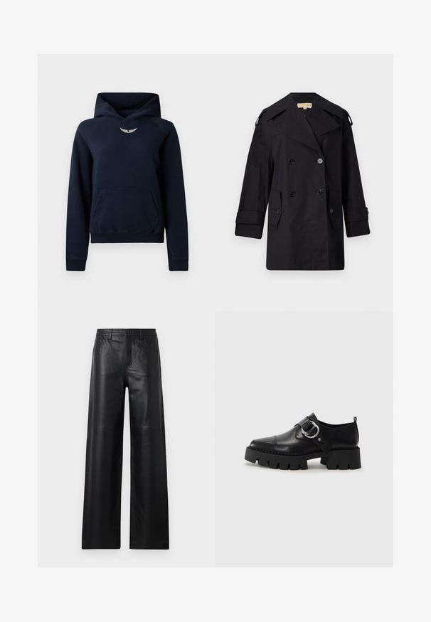 Čierny dvojradový trenčkot s širokým golierom, gombíkmi a bočnými vreckami. Vyrobený z hladkej látky s rovným strihom a manžetami.; Námornícky modrá mikina s kapucňou vyrobená z mäkkého materiálu, s klokankovým vreckom, rebrovanými manžetami a malým strieborným logom krídla na hrudi.; Čierne kožené nohavice s širokými nohavicami a hladkou textúrou, s prednými vreckami, zapínaním na gombík a jemnými švovými detailmi.; Čierne kožené topánky s hrubou, rebrovanou podrážkou, vyznačujúce sa okrúhlou striebornou kovovou ozdobou a minimálnym prešívaním.