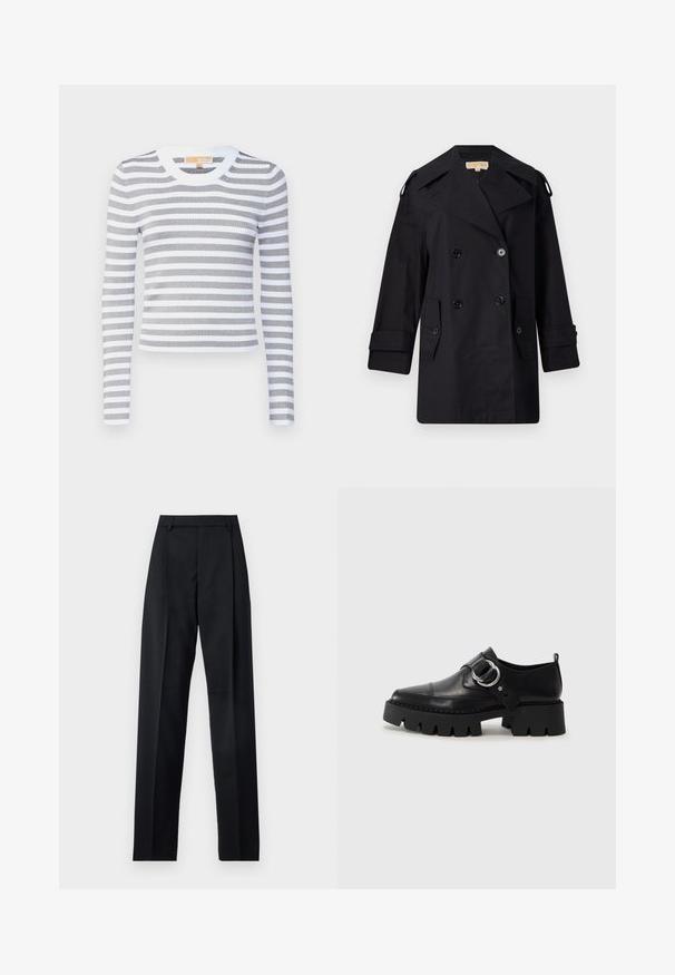 Crni dvostruko duguljasti kaput s širokim ovratom, kopčama i bočnim džepovima. Izrađen je od glatkog materijala s ravnim krojem i rukavima s manžetama.; Prugasta majica dugih rukava u sivoj i bijeloj boji, izrađena od rebraste tkanine. Okrugli izrez s čvrstim bijelim obrubom, uski kroj, rastezljiv materijal.; Crne hlače od glatkog materijala s visokim strukom, širokim nogavicama, prednjim pregibima i klasičnim petljama za remen. Nema vidljivih bočnih džepova.; Crne kožne cipele s debelim, rebrastim potplatom, koje imaju okrugli srebrni detalj i minimalne šavove.