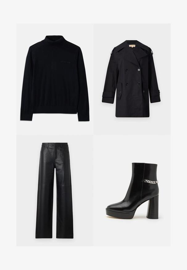 Cappotto trench nero doppiopetto con ampio colletto, bottoni e tasche laterali. Realizzato in un tessuto liscio con taglio dritto e maniche a sbuffo.; Maglione nero a collo alto realizzato in un tessuto morbido, con maniche lunghe e un logo ricamato sottile sul davanti. Design semplice con orli a coste.; Pantaloni in pelle nera a gamba larga con una texture liscia, dotati di tasche frontali, chiusura a bottone e dettagli di cucitura sottili.; Stivale alla caviglia in vernice nera con una piattaforma chunky e un tallone alto a blocco. Presenta un accento di catena argentata sul lato. Texture liscia.