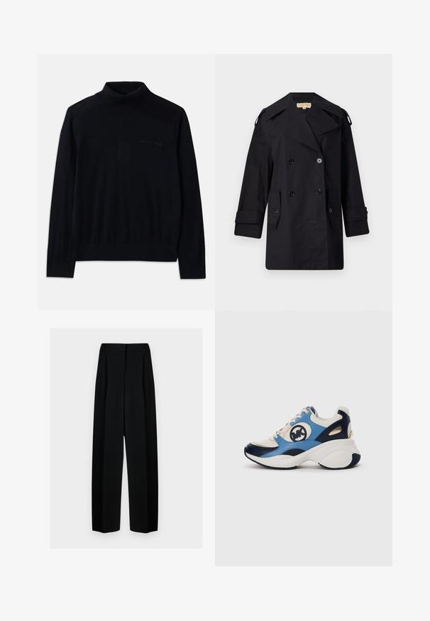 Cămașă neagră, cu dublu rând de nasturi, trenci cu guler larg, nasturi și buzunare laterale. Fabricată dintr-un material neted, cu o croială dreaptă și mâneci cu mansete.; Pulover negru cu guler înalt, realizat dintr-un material moale, având mâneci lungi și un logo brodat subtil pe față. Design simplu cu tivuri nervurate.; Pantaloni negri evazați cu talie înaltă, având plisseuri și o textură netedă. Țesătura pare ușoară și se așază elegant.; Tenisi din suede alb, bleumarin și albastru deschis, cu talpă groasă și logo circular brodat pe lateral.