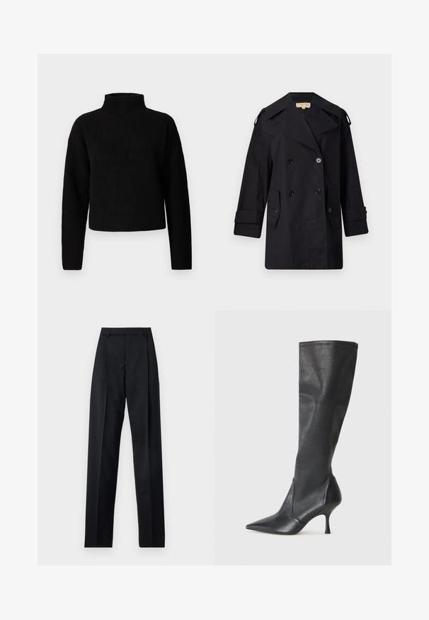 Sort dobbeltradet trenchcoat med bred krave, knapper og sidetaske. Lavet af et glat stof med lige snit og manchetter.; Sort ribbet højhalset sweater med lange ærmer og en cropped design. Texturen ser tyk og strikket ud, uden synlige mønstre eller udsmykninger.; Sorte bukser lavet af glat stof, der har høj talje, brede ben, frontfolder og klassiske bælteløkker. Ingen synlige sidelommer.; Knæhøje sorte læderstøvler med spidse tæer og slanke stiletto-hele. Glat tekstur med en tætsiddende design og syninger ved toppen.